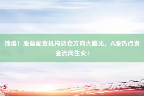 惊爆!股票配资机构调仓方向大曝光,A股热点资金流向生变!