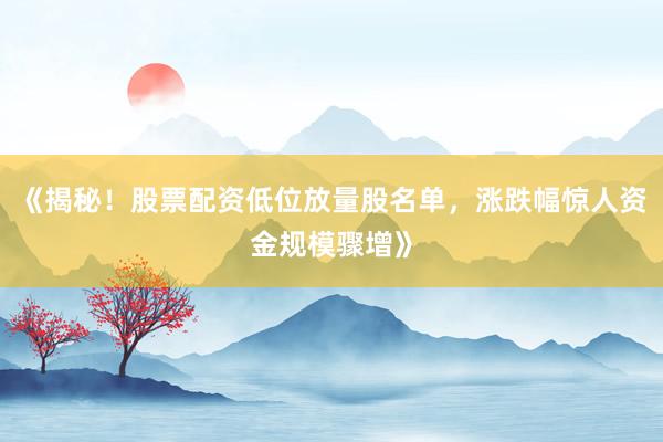 《揭秘！股票配资低位放量股名单，涨跌幅惊人资金规模骤增》