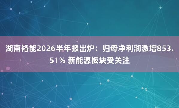 湖南裕能2026半年报出炉：归母净利润激增853.51% 新能源板块受关注